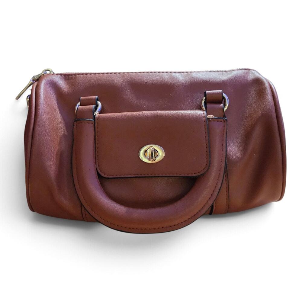 Brown Barrel Satchel Handbag Top Handle Twist Lock Pocket Style NB223155